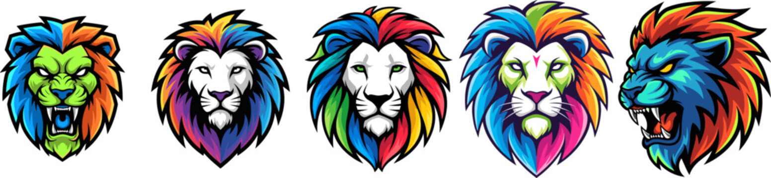 Lion Heads With Colorful Swirl Patterns Vector Illustration
