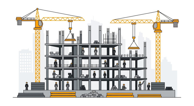Construction Site with Workers and Tower Cranes Building High-Rise Structure