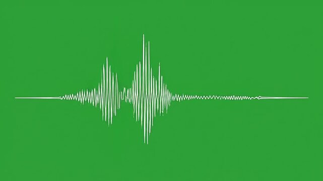 A white digital audio waveform displayed against a solid green background screen