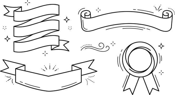 Vintage ribbon banners and award badge outline icon set with scrolls curly swirls and sparkles graphic vector illustration