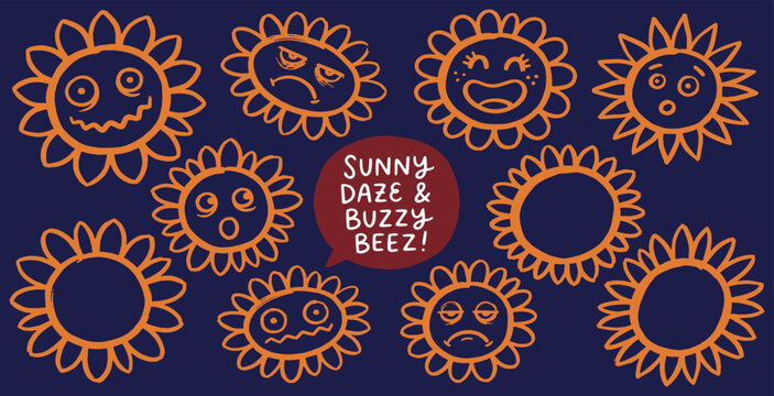A collection of hand-drawn cartoon suns with various facial expressions, some with missing petals, set against a dark blue background.