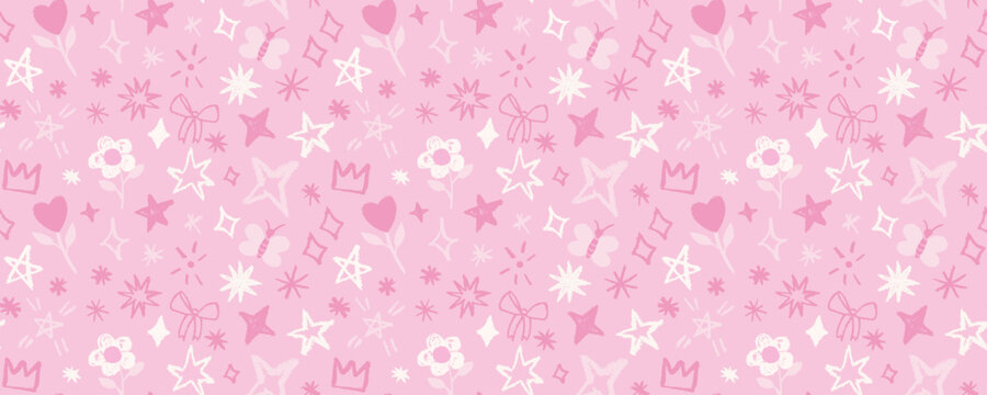 Pink crayon seamless pattern with hand drawn stars, flowers, hearts and sparkles. Cute girly doodle background in pastel pink. Horizontal childish print for kids decor and fashion.