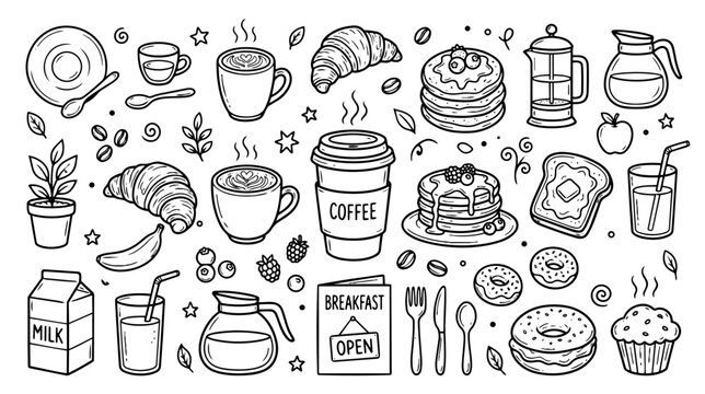 Breakfast and Coffee Vector Doodle Icon Set Minimalist Cafe Elements Pack