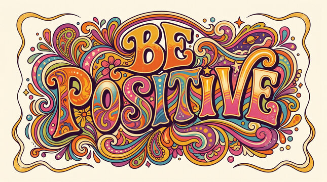 Retro Be Positive Typography with Groovy Psychedelic 1970s Style Ornaments