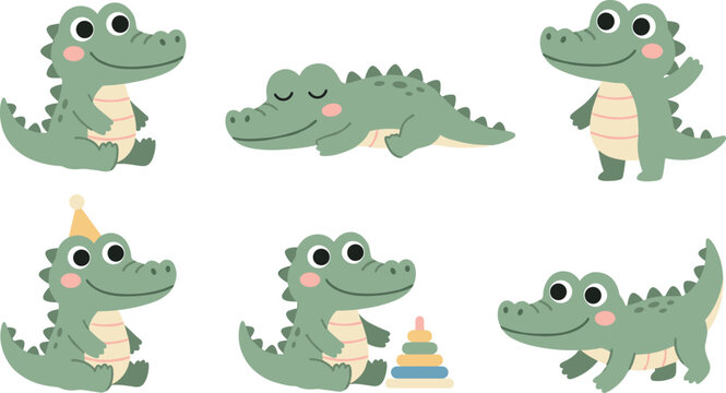 Cute Cartoon Baby Alligator Vector Set featuring Friendly Crocodile Characters Sleeping Playing with Toy and Wearing Party Hat for Kids Nursery Designs