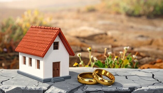 Small house model with red roof on tree stump, two gold rings beside, blurred natural background with dry grass, symbolic representation of home, marriage, commitment, shared life, unity, love, partne