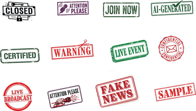 A collection of various rubber stamp designs Set of various rubber stamps with including text like Closed, Join Now, AI-Generated, Certified, Warning, Live Event, Confidential, and Fake News.