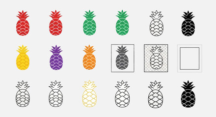 Fototapeta premium Collection of colorful pineapple icons in various styles and colors on white background for branding