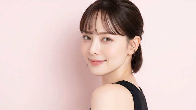 淡いピンク背景の前で振り返る、上品な微笑みを見せるショートヘアの若い女性。透明感のある肌と自然なツヤ感、洗練されたミニマルな雰囲気が印象的な、美容・スキンケア・コスメ広告に使いやすい高品質ビューティーポートレート