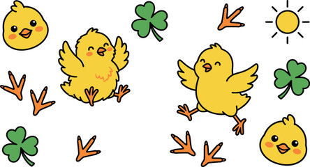 Cute Cartoon Yellow Chick Vector Illustration Set featuring Shamrocks Clover Leaves Bird Footprints and Sun Elements for Spring and St Patricks Day Graphic Designs © MD SOJIB 