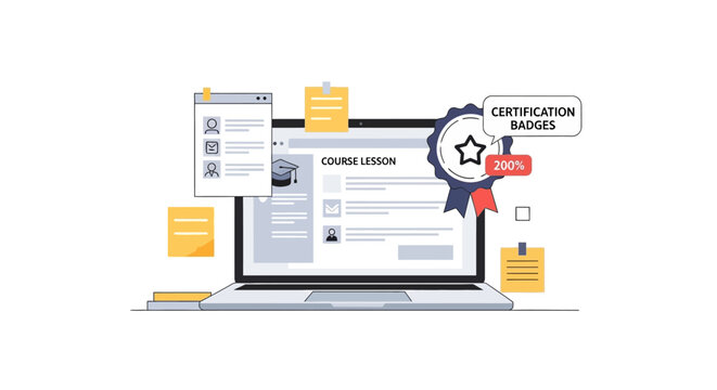 Online Learning and Certification Platform Illustration with Laptop, Course Lesson Interface, and Achievement Badges for E-learning Success