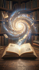 Obraz premium Glowing galaxy vortex emerging from open book in vintage library. Magical portal with flying pages and swirling stars in old study room.