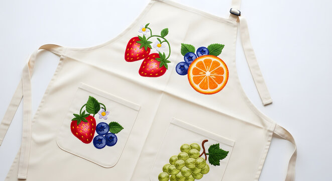 A close-up of a white apron with colorful fruit designs on the pockets and main body.