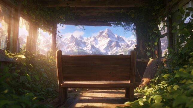 A view of a bench indoors with a mountain view.