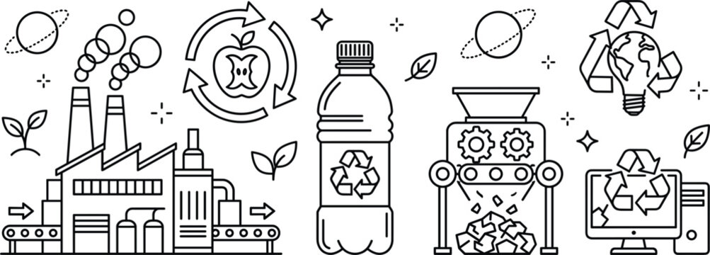 Waste management garbage disposal line art icon set featuring trash can truck dumpster biohazard barrel gloves vector illustration