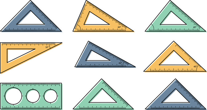 Geometric Triangle Ruler and Template Set with Degree Scales and Circle Stencils for Mathematics, Architecture, Engineering, and School Stationery Graphic Designs