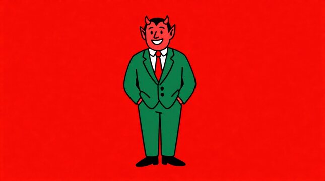 Cartoon devil in business suit standing. 
