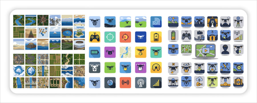 Drone Footage web Icons Collection Aerial Photography and UAV Vector Symbols Set with Navigation, Camera, 
Mapping and Flight Control Elements