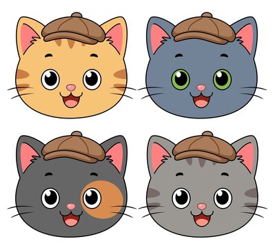 Cute cartoon cat detective head avatar collection vector illustration set. Features four unique kitten faces with investigator hats isolated on white background. Perfect for kids stickers and designs.