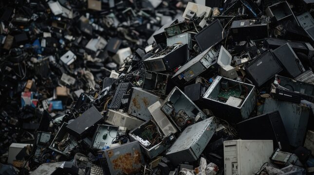 Electronic Waste Heap with Old Computers and Keyboards 
