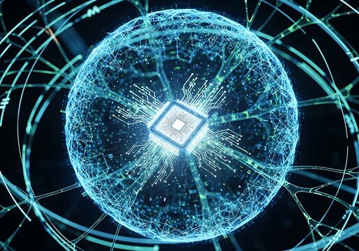 Futuristic digital brain with glowing neural network and central processor