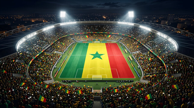 Senegal flag with green star on football stadium pitch aerial view