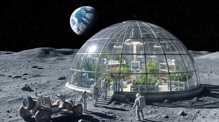 Obraz premium Botanical research facility on moon surface with astronauts tending to plants inside glass dome. Lunar colony agriculture and space exploration concept.