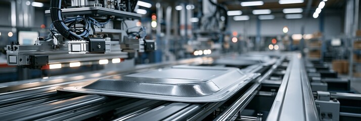Fototapeta premium Medium shot of a hightech manufacturing line forming lightweight composite hoods using fiberreinforced materials showcasing automated curing processes for automotive applications.