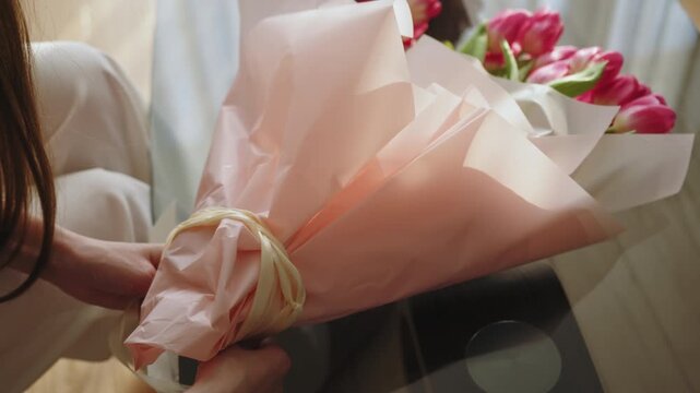 Hands carefully wrap pink tulips in delicate paper, preparing a beautiful floral gift for presentation. The calm moment highlights craftsmanship, romance and the graceful charm of floral gifting