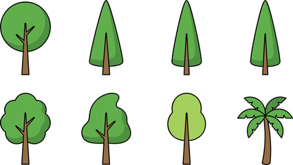 Green trees vector cartoon icon set with palm pine deciduous and coniferous plants for park forest nature landscape design isolated flat illustration © MstBizly