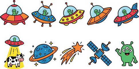 Cute Cartoon Alien UFO Vector Set featuring Flying Saucers, Abduction, Planets, Stars, Satellites, and Space Monster Elements for Kids Digital Media Designs © MD SOJIB 