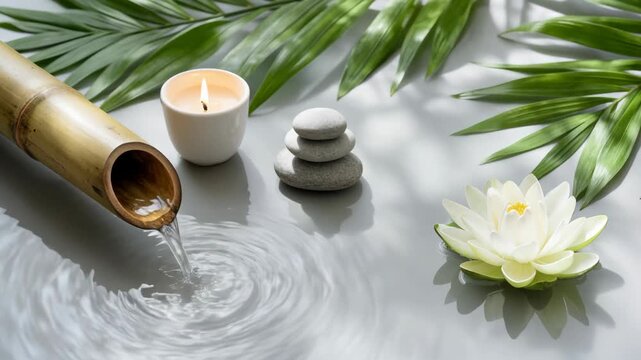Serene spa setting with bamboo water spout, candle, stacked stones, green leaves, and white lotus flower 

