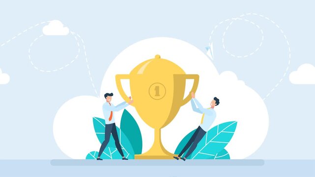 Gold cup trophy symbol icon in flat style, team support and work. The concept of victory, competition, duel, fight. Business success strategy. First place among competitors. 2d flat animation 