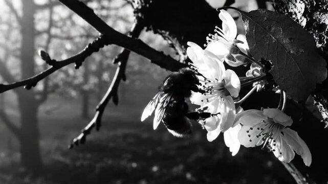 Black and white close-up of a bee pollinating white cherry blossoms on a branch with a blurred background