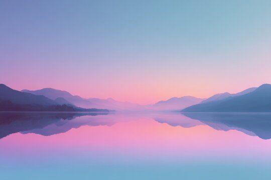 Tranquil pink and blue sunset over calm mountain lake reflection