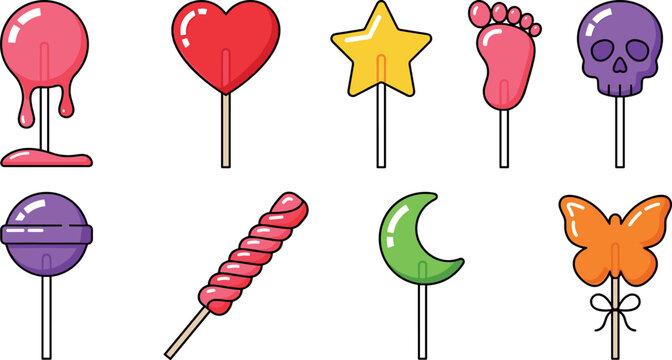 Colorful Lollipop and Hard Candy Vector Icon Set Featuring Heart Star Skull Footprint Moon Butterfly and Melting Swirl Pop Candies for Sweet Snack Designs