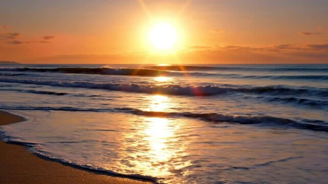 Ocean sunset with sparkling waves lapping the shore under a bright sun with vibrant orange and golden hues