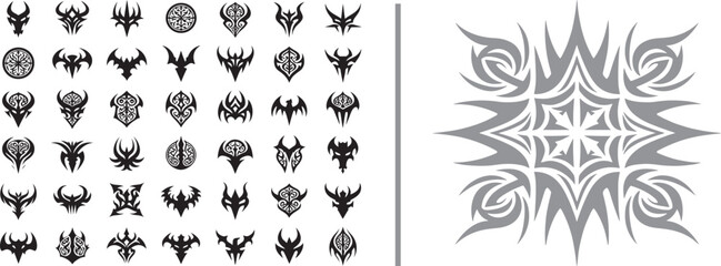 Collection of black tribal icons and symmetrical gothic symbols with sharp edges and fantasy motifs for tattoo and logo design vector © Muhammad