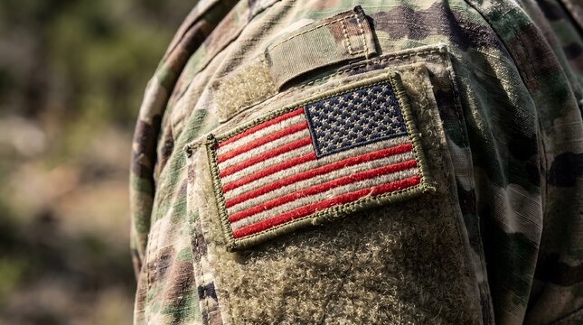 Close-up of an American flag patch attached to a military uniform, symbolizing service, honor, and dedication to the country.
