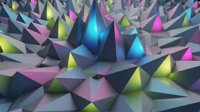 Abstract 3D Low Poly Geometric Landscape with Colorful Glowing Triangular Pyramids for Background or Backdrop