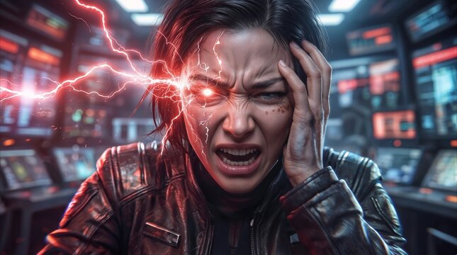 Stressed female cyborg experiencing system overload in high-tech control room. Cybernetic woman struggling with red energy discharge and digital glitching in futuristic server center.