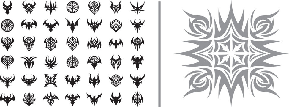 Collection of black tribal icons and symmetrical gothic symbols with sharp edges and fantasy motifs for tattoo and logo design vector