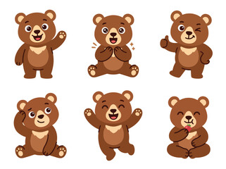Obraz premium Cute bear cartoon character sticker collection with happy expressions and playful poses. Adorable kawaii animal vector set for kids design, mascot and nursery use