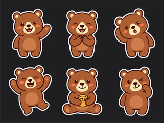Obraz premium Cute bear cartoon character sticker collection with happy expressions and playful poses. Adorable kawaii animal vector set for kids design, mascot and nursery use