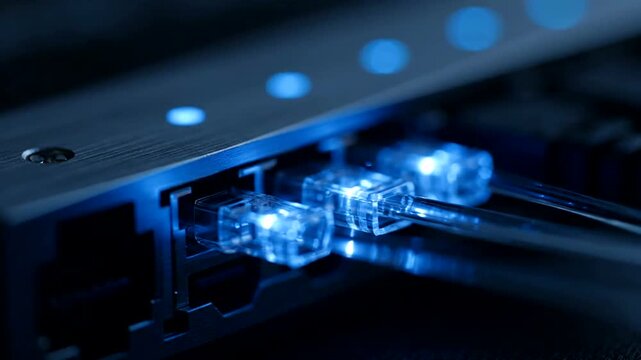 Close-up of blue glowing Ethernet cables plugged into a network switch.