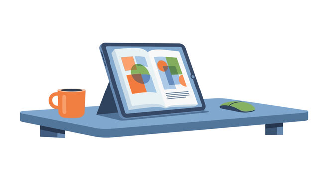 Digital Tablet with E-book Illustration on Modern Desk Workspace with Coffee and Mouse