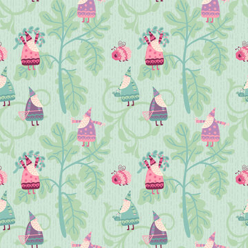 Decorative large fig leaves and fairytale characters vector pattern. Little funny garden gnomes on tree branches in a folk Scandinavian style. Spring green Easter print for children's clothing 