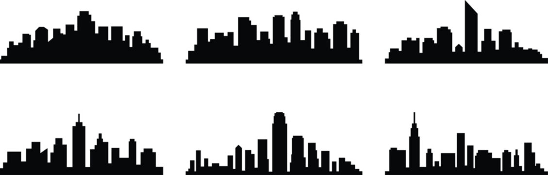 Set of city skylines with various building silhouettes on white background for design