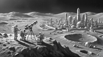 Obraz premium Lunar explorers observing futuristic moon city through telescope. Space colony with advanced architecture and craters on lunar surface.