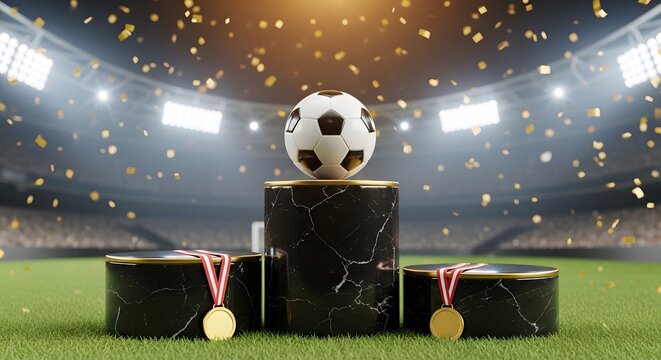 Soccer ball on black marble winner podium with gold medals and falling confetti in football stadium with bright floodlights